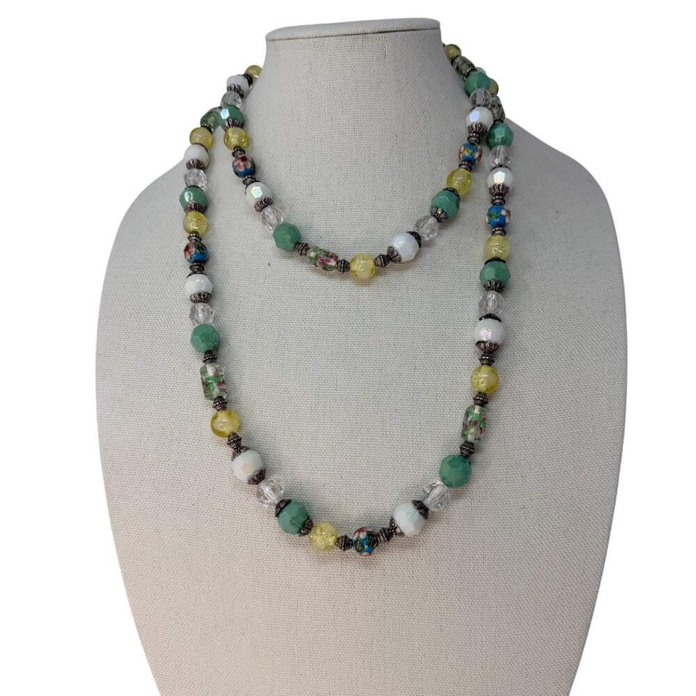 Vintage 1980s 48” Long Beaded Necklace Wrap Style Art Glass Silvertone - Picture 3 of 9